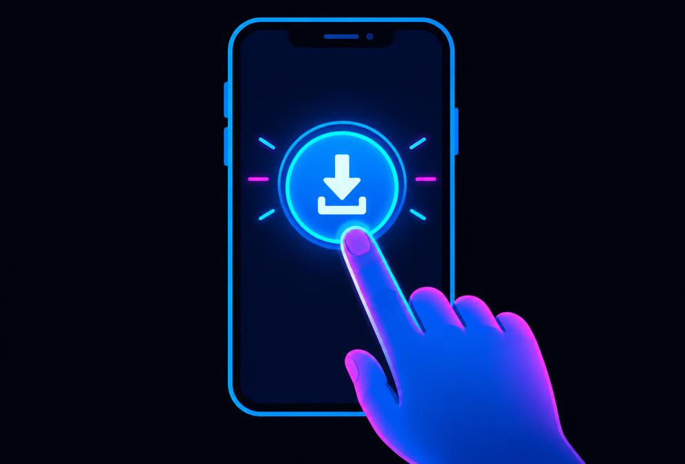 Ilustração de um celular com o botão de download sendo tocado